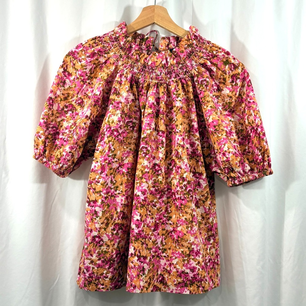 J. Crew Boho Ruffle Neck Puff Sleeve Floral Pink Blouse, Size XS 100% Cotton